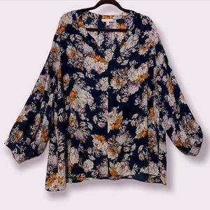 Navy Floral V Neck Blouse